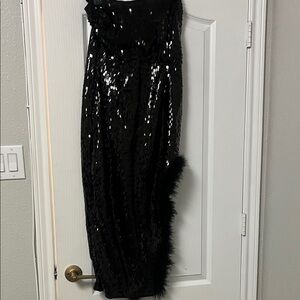 PrettyLittleThing Black Strapless Sequin Gown with Feather Detail